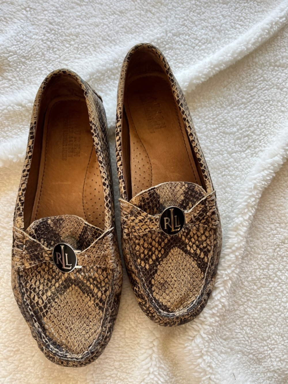 Ralph Lauren Snake-Print Penny Loafers in Brown and Tan